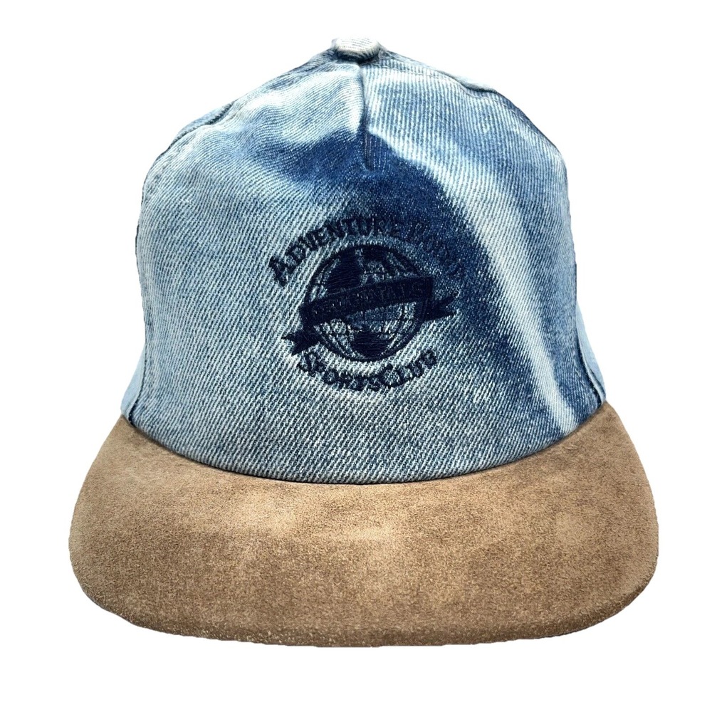 Vintage Adventure Bound Hat Cap SnapBack Denim Leather Bill USA 90s Hiking Faded